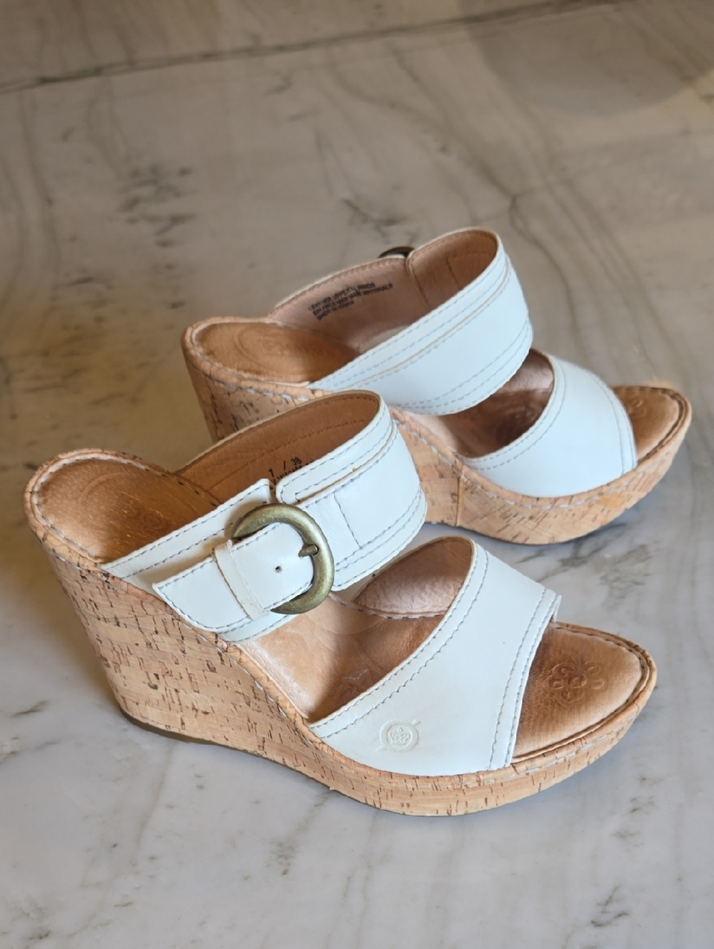 BORN White Leather Cork Platform Wedge Sandals size 7